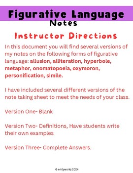 Preview of Figurative Language Notes HANDOUT: Hyperbole, Metaphor, Simile, and MORE!