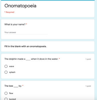 Preview of Figurative Language Onomatopoeia Google Form Assessment