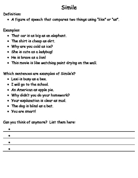 Figurative Language Packet with Answer Key by Kelly Noland TPT