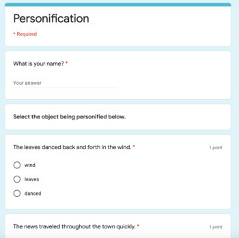 Preview of Figurative Language Personification Google Form Assessment
