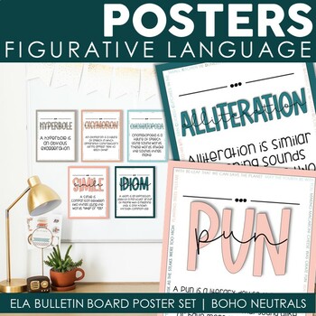 Preview of Figurative Language Posters | ELA Bulletin Board Set | Boho Neutral