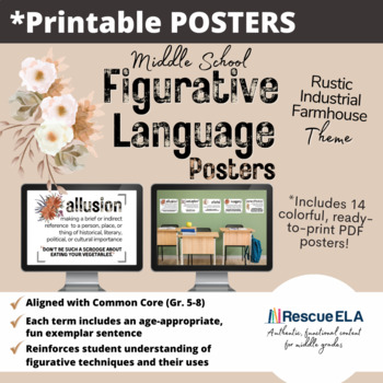 Preview of Figurative Language Posters - Farmhouse Rustic Theme for Middle School Classroom