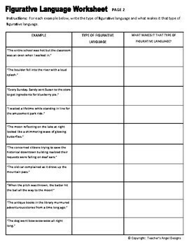 Figurative Language Worksheet by Teacher's Angel Designs | TpT