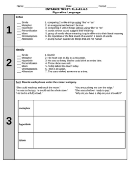 Preview of Figurative Language: Pretest/ Entrance Ticket; Leveled by DOK