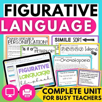 Preview of Figurative Language Worksheets Simile Practice, Metaphor Activities Task Cards