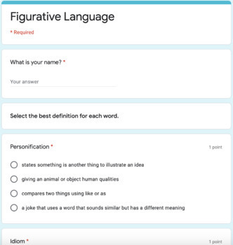 Preview of Figurative Language Quiz Google Form Assessment