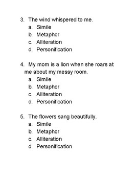 Figurative Language Quiz (Simile, Metaphor, Alliteration, Personification)