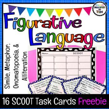Preview of Figurative Language Scoot Task Cards FREEBIE Simile, Metaphor, Alliteration