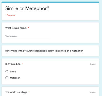 Preview of Figurative Language Simile or Metaphor Google Form Assessment