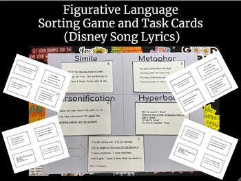 Preview of Figurative Language Sorting Game & Task Cards (Disney Song Lyrics)