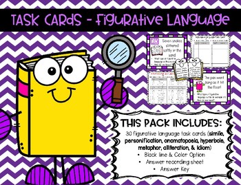 Preview of Figurative Language Task Cards -- 30 Task Cards for Similes, Metaphors, & More!