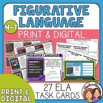 Preview of Figurative Language Review Task Cards Print and Digital Simile Metaphor Idiom