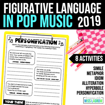 Preview of Figurative Language Using Pop Music Song Lyrics Activity Pack