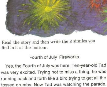 Preview of Figurative Language Worksheet: FOURTH of JULY Story w/ 8 Similes to Identify Qs