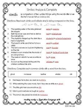 figurative language worksheet set of 12 middle grades for common core