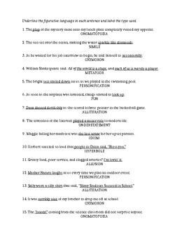 Figurative Language Worksheet (simile, metaphor, personification, idiom