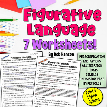 Preview of Figurative Language Worksheets: Simile, Metaphor, Alliteration, Idiom, and More!