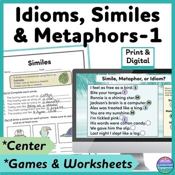 Preview of Figurative Language Worksheets and Games for Idioms, Similes and Metaphors