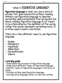 Figurative Language And Song Lyrics By Teach From The Stage Tpt