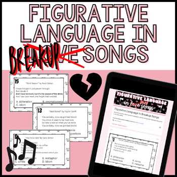 Preview of Figurative Language in Breakup Songs |Middle School ELA Valentine's Day Activity