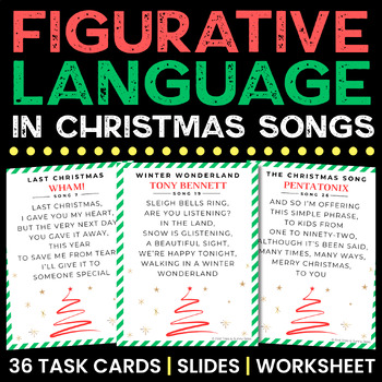 Preview of Figurative Language in Christmas Song Lyrics | Task Cards | Worksheet | Slides