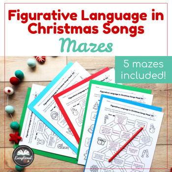 Preview of Figurative Language in Christmas Songs Mazes - Review worksheets - Holiday