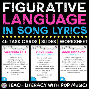 Preview of Figurative Language in Song Lyrics Task Cards - Literacy Center Worksheets