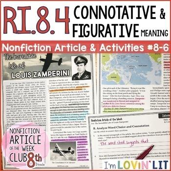 Preview of Figurative and Connotative Meaning RI.8.4 | Louis Zamperini Bio Article #8-6