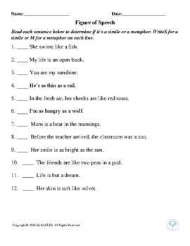 Figure Of Speech Worksheet For Grade 5-6 By Iq-Eagles | Tpt