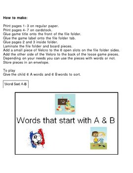 Preview of File Folder Game Word Sort A-B