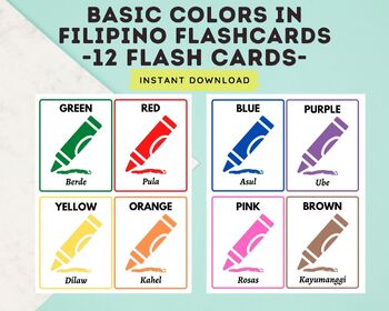 Filipino Colors Cards Flashcard Printable Tagalog To English