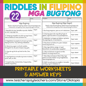 Filipino Riddles by Oliotopia | Teachers Pay Teachers