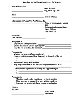 Preview of Fill-In Template for Writing a Cover Letter for Resume