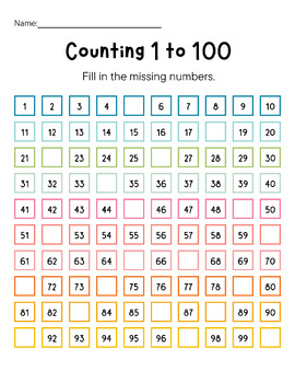 Preview of Fill In The Blank Math 100's Chart Colorful Practice Counting Fluency