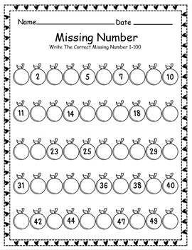 Fill In The Missing NUMBER 1-100!! For KINDERGARTEN Worksheets by COCO ...