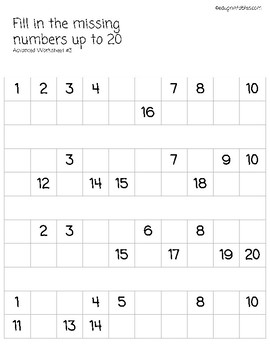 Fill in Missing Numbers Up to 20, Advanced Version by eduprintables