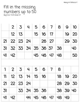 Fill in Missing Numbers Up to 50, Beginner Version by eduprintables