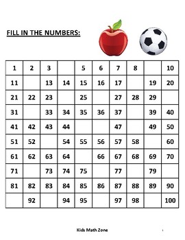Preview of Fill in Missing Numbers to 100 (10 Unique Worksheets )/ Preschool & Kindergarten