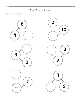 Math Worksheets: Fill in Number Bonds- Mixed Numbers by nana | TpT