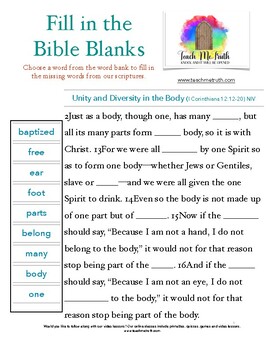 Fill in the Bible Blanks - I Corinthians 12:12-31 by Teach Me Truth