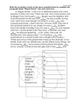 Fill in the Blank Vocabulary Worksheet - Miguel Street by RamosEnglishStore