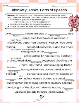 Preview of "Mad Libs" Fill in the Blanks, Parts of Speech, Valentines Day, Early Finisher