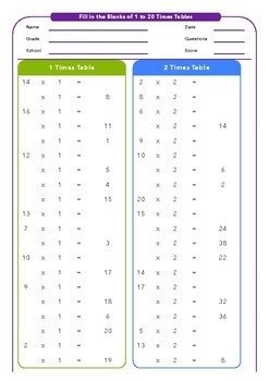 fill in the blanks of 1 to 20 times tables freebees printables