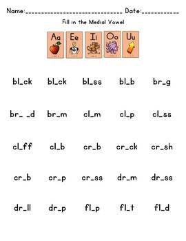 fill in the medial vowel short vowels beginning blends worksheet phonics