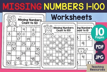 Preview of Fill in the Missing Number Worksheets | 1-100 to practice counting and writing
