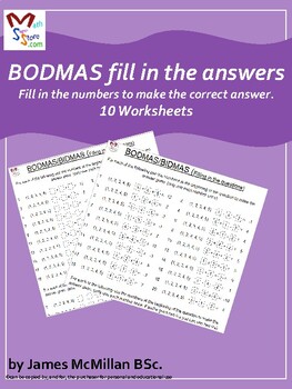 Preview of Fill in the Questions BODMAS BIDMAS (Order of operations)