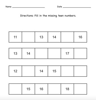 Preview of FREE Write Fill in the Missing Teen Numbers - Counting Sequencing Math Worksheet