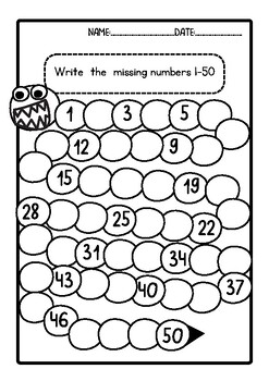 Fill in the missing Numbers 1-50 /Practice/Math Worksheets/ | TPT