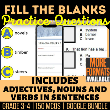 Preview of Fill the Blank Review Worksheets Slides Forms | Nouns Verbs Adjectives Grade 3-4