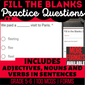 Preview of Fill the Blanks ELA Homework | Nouns Verbs Adjectives in Sentences Google Forms